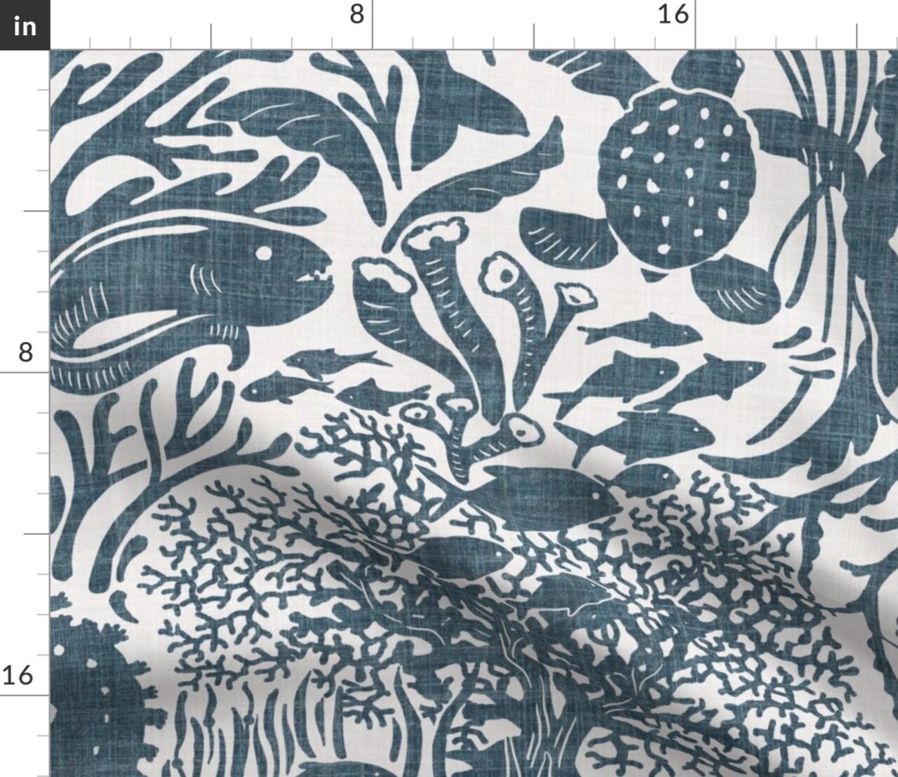 Ocean Seahorse Jellyfish Octopus Sea Turtle Seaweed Fish Coral Starfish Marine Faux Linen Nautical Custom Printed Fabric by Spoonflower Various Fabrics by the Yard or Fat Quarter